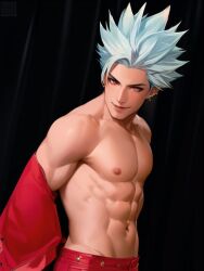 abs ban_(nanatsu_no_taizai) ban_(seven_deadly_sins) bara buff erect_nipples gay half-dressed leather leon_chiro leon_chiro_(cosplay) leon_chiro_(cosplayer) male male_only muscular muscular_arms muscular_male muscular_pecs naked nipples pecs red_eyes red_jacket red_pants removing_clothing seven_deadly_sins shirtless smirk white_hair yaoi