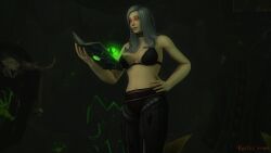 3d book bra clothed_female human human_female indoors kaelatheelf kaelscorner reading_book solo_female warcraft warlock world_of_warcraft