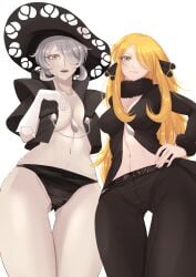 2girls alternate_version_available ancestor_and_descendant big_breasts black_eyes black_panties black_pants blonde_hair bottomwear breasts cleavage cogita_(pokemon) cynthia_(pokemon) female female_only game_freak hair hair_over_one_eye hand_on_hip hat headwear hips huge_breasts kikyouta lace lace-trimmed_panties lace_trim lingerie long_hair looking_at_viewer mature mature_female mature_woman milf multiple_girls pants pokemon pokemon_dppt pokemon_legends:_arceus short_hair white_hair