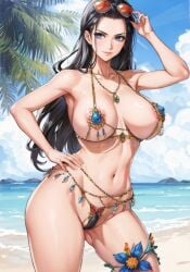 1girls ai_generated beach big_breasts bikini black_hair blue_eyes female female_only large_breasts mtc272 nico_robin one_piece post-timeskip seaside stable_diffusion sunglasses sunglasses_on_head venus_bikini