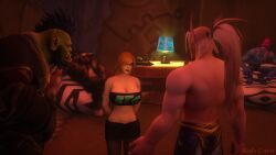 3d blizzard_entertainment blood_elf blood_elf_male breasts cleavage clothed clothed_female clothed_male etc fishnets glasses human human_female kaelatheelf kaelscorner midriff orc orc_male sitting tauren tauren_male troll troll_male tube_top underwear warcraft world_of_warcraft