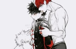 3boys bakugou_katsuki bondage ear_biting gay height_difference izuku_midoriya katsuki_bakugou male male/male male_only malesub my_hero_academia pinching_nipples red_eyes red_hair red_string rope_bondage shirtless shouto_todoroki threesome yaoi