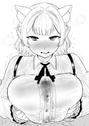 1boy 1girls alternate_breast_size big_breasts black_and_white blush breast_hold breast_squish breasts cum cum_between_breasts cum_on_face dialogue ejaculation_between_breasts elf elu_(nijisanji) embarrassed engulfing_paizuri female greyscale hair_ornament huge_breasts japanese_text kaiman_garupan large_breasts looking_at_viewer male motion_lines nijisanji open_mouth paizuri paizuri_lead_by_female paizuri_on_lap paizuri_under_clothes pointy_ears pov pov_eye_contact pov_paizuri straight sweat tip_peeking virtual_youtuber