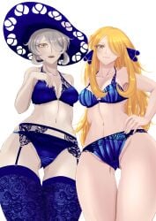 2girls alternate_version_available ancestor_and_descendant big_breasts black_eyes blonde_hair blue_bra blue_panties blue_thighhighs bottomwear bra breasts cleavage cogita_(pokemon) cynthia_(pokemon) female female_only game_freak garter_belt garter_straps hair hair_over_one_eye hand_on_hip hat headwear hips huge_breasts kikyouta lace lace-trimmed_bra lace-trimmed_garter_belt lace-trimmed_legwear lace-trimmed_panties lace-trimmed_thighhighs lace_trim legwear lingerie long_hair looking_at_viewer mature mature_female mature_woman milf multiple_girls nipples panties pokemon pokemon_dppt pokemon_legends:_arceus short_hair thighhighs topwear white_hair