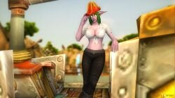 3d cleavage clothed_female hat kaelatheelf kaelscorner midriff night_elf night_elf_female outdoors pirate solo_female tied_shirt warcraft world_of_warcraft