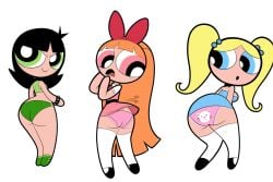 3girls aged_up artstyle_imitation ass ass_cleavage black_hair blonde_hair blossom_(powerpuff_girls) blue_eyes bubbles_(powerpuff_girls) butt_crack buttercup_(powerpuff_girls) green_eyes multiple_girls panties pantsu pink_eyes powerpuff_girls red_hair sb99 scobionicle99 wind_lift