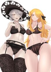 2girls alternate_version_available ancestor_and_descendant big_breasts black_bra black_eyes black_panties black_thighhighs blonde_hair bottomwear bra breasts cleavage cogita_(pokemon) cynthia_(pokemon) female female_only game_freak garter_belt garter_straps hair hair_over_one_eye hand_on_hip hat headwear hips huge_breasts kikyouta lace lace-trimmed_bra lace-trimmed_garter_belt lace-trimmed_legwear lace-trimmed_panties lace-trimmed_thighhighs lace_trim legwear lingerie long_hair looking_at_viewer mature mature_female mature_woman milf multiple_girls nipples panties pokemon pokemon_dppt pokemon_legends:_arceus short_hair thighhighs topwear white_hair