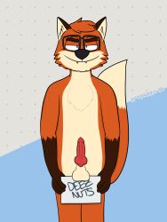 absurd_res afterdak animal_genitalia animal_penis anthro balls canid canine canine_genitalia canine_penis dak_(afterdak) english_text erection eyewear fox fur genitals glasses hi_res knot looking_at_viewer male mammal nude orange_body orange_fur paper penis red_fox sign simple_background smile solo tail text