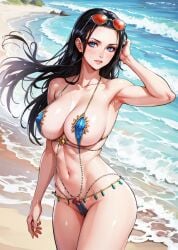 1girls ai_generated beach big_breasts bikini black_hair blue_eyes female female_only large_breasts mtc272 nico_robin one_piece post-timeskip seaside stable_diffusion sunglasses sunglasses_on_head venus_bikini