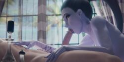 1boy 1girls 3d arm_tattoo blissful_art blowjob close-up curtains drool drooling eye_contact glans_stimulation hand_on_hip hand_on_stomach indoors looking_at_another looking_at_partner oral overwatch ponytail tattooed_arm tip_sucking widowmaker