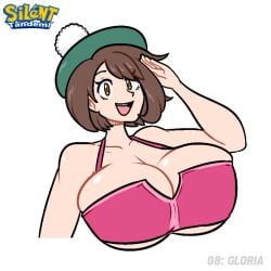 1girls alternate_breast_size beret big_breasts bikini_top boob_window breasts brown_eyes brown_hair female female_only gloria_(pokemon) huge_breasts large_breasts pokemon pokemon_ss silenttandem solo underboob