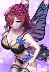 1girls armpits bare_arms bare_legs bare_thighs black_bra black_panties blue_eyes blue_flower bra breasts breasts_day cleavage closed_mouth collarbone commentary_request expressionless fairy fairy_wings female female_only fire_emblem fire_emblem_heroes flower garter_belt garter_straps good_breasts_day hair_flower hair_ornament hair_over_one_eye highres large_breasts legs lingerie looking_at_viewer matoimangekyo medium_hair navel nintendo panties plant purple_hair red_flower red_hair short_hair sideboob solo thighhighs thighs thorns triandra_(fire_emblem) twitter_username underwear undressing vines violet_hair wings