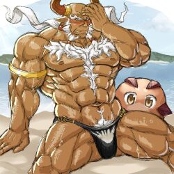 akuann balls bara blush bulge draph facial_hair flaccid ghandagoza granblue_fantasy horns male male_only muscles muscular no_visible_genitalia penis sitting solo solo_male white_hair