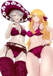 2girls alternate_version_available ancestor_and_descendant big_breasts black_eyes blonde_hair bottomwear bra breasts cleavage cogita_(pokemon) cynthia_(pokemon) female female_only game_freak garter_belt garter_straps hair hair_over_one_eye hand_on_hip hat headwear hips huge_breasts kikyouta lace lace-trimmed_bra lace-trimmed_garter_belt lace-trimmed_legwear lace-trimmed_panties lace-trimmed_thighhighs lace_trim legwear lingerie long_hair looking_at_viewer mature mature_female mature_woman milf multiple_girls nipples panties pink_bra pink_panties pink_thighhighs pokemon pokemon_dppt pokemon_legends:_arceus short_hair thighhighs topwear white_hair