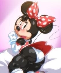 1girls angelauxes anthro ass big_ass big_ears black_body black_hair blush bottom_heavy bow clothed clothing disney embarrassed eyelashes female female_only flat_chest flat_chested furry gloves high_socks long_gloves looking_back minnie_mouse mouse muscular_calves muscular_thighs nose on_bed on_side open_mouth panties skirt small_breasts socks solo solo_female tail thick_calves thick_thighs tongue under_clothes white_panties wristband yellow_eyes