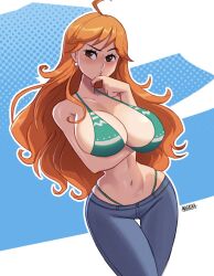 bikini bikini_top female female_only jeans long_hair magaska19 nami nami_(one_piece) one_piece orange_hair post-timeskip solo striped_bikini