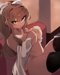 1girls 2d 2d_(artwork) ass big_ass big_breasts black_thighhighs blush breasts brown_hair couch covering_breasts dat_ass doki_doki_literature_club female female_only green_eyes hair_ribbon hoshoidk hourglass_figure large_breasts light-skinned_female light_skin long_hair looking_at_viewer monika_(doki_doki_literature_club) mostly_nude navel neutral_expression no_bra no_panties no_underwear open_mouth ponytail shirt sitting solo stockings thick_thighs thighhighs thighs voluptuous voluptuous_female white_shirt