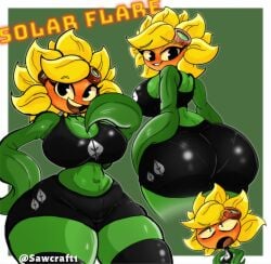 booty_shorts clothed huge_ass huge_breasts huge_thighs plant_girl plantie plants_vs_zombies plants_vs_zombies:_heroes sawcraft1 seductive_look smile solar_flare_(pvz) sunflower_(pvz) video_games