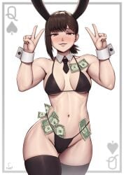 1girls belly belly_button bikini bikini_top blush blushing brown_hair brunette_hair bunny_ears bunny_girl chainsaw_man child_bearing_hips curves curvy curvy_body curvy_female curvy_figure dollar_bills female female_only hairclip higashiyama_kobeni hips hourglass_figure light-skinned_female light_skin money money_in_underwear money_under_clothes peace_sign prostitution revealing_clothes shounen_jump speedl00ver stripper thick thick_thighs thigh_highs thighhighs tummy underwear wide_hips