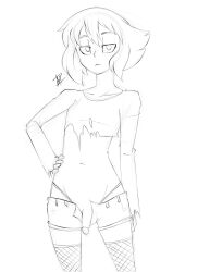 1boy artist_signature bored crop_top femboy fishnets girly inuyuru lapis_lazuli_(steven_universe) line_art midriff penis penis_out rule_63 short_hair shorts sketch skimpy steven_universe thong_above_shorts thong_straps torn_clothes