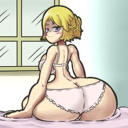 1girls ass ass_bigger_than_head ass_bigger_than_torso big_ass big_butt blonde_hair bra breasts huge_breasts hyper hyper_ass hyper_hips looking_at_viewer looking_back lotikmac panties short_hair solo solo_female underwear white_bra white_panties white_underwear wide_hips