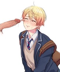 2boys backpack blonde blush closed_eyes clothed_sex clothing cum cum_on_face cumshot dark-skinned_male dark_skin disembodied_penis embarrassed fully_clothed gay light-skinned_male light_skin male penis project_sekai school_uniform tagme teenager tenma_tsukasa yaoi yellow_hair young アノン_(artist)