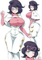 1girls ass big_breasts busty buttons capelet coat female_only fully_clothed glasses green_eyes large_ass large_breasts looking_at_viewer mature_woman milf pink_glasses pink_sweater pokemon purple_hair short_hair solo suzusiigasuki thin_waist turtleneck_sweater voluptuous wicke_(pokemon) wide_hips