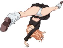 kicking kneehighs loafers long_hair loose_socks orange_hair panties school_uniform shoes showing_panties socks socks_and_shoes spinning spread_legs tokyo_revengers upside-down upskirt white_panties white_socks yuzuha_shiba