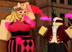 1boy 1girls 3d blonde_hair digital_media_(artwork) disembodied_hand disembodied_penis dj_(tds) english_text mask masked_female masquerade_dj masquerade_medic medic_(tds) multiple_penises official_alternate_costume pinkishpinkas roblox roblox_game robloxian tagme text tower_defense_simulator