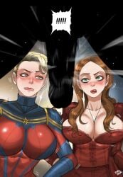 !!!!! 1boy 2girls blonde_hair breasts brown_eyes brown_hair captain_marvel carol_danvers cleavage green_eyes grower_not_a_shower large_breasts marvel penis scarlet_witch shocked_expression short_hair spoken_exclamation_mark thanos tora_tora wanda_maximoff