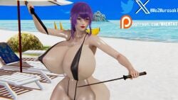 beach highschool_of_the_dead honey_select honey_select_2 huge_ass huge_breasts huge_thighs knife murasakio_(artist) purple_hair saeko_busujima sling_bikini slingshot_swimsuit