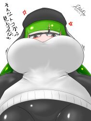 1girls big_breasts green_hair green_tentacles huge_breasts inkling inkling_girl japanese_text looking_down nintendo oc shin_arialente splatoon tentacle_hair view_from_below white_background white_sweater