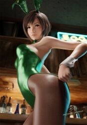 1girls 3d 3d_(artwork) ass billyhhyb brown_eyes brown_hair bunnysuit final_fantasy final_fantasy_vii final_fantasy_vii_remake green_leotard leggings looking_at_viewer playboy_bunny sfw short_hair solo square_enix thick_thighs thighs yuffie_kisaragi