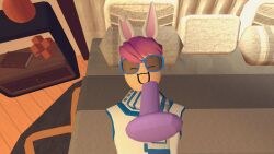 1boy 1femboy :3 bed demithefemboy05 femboy happy purple_hair rec_room rec_room_avatar skirt sucking_dildo tagme