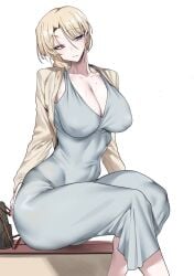 1girls big_breasts blonde_female blonde_hair blue_eyes busty clothed curves curvy curvy_body curvy_female curvy_figure dongtan_dress female female_only hips large_breasts milf mole mole_on_breast mostly_clothed nipple_bulge realistic_anatomy realistic_breast_size sweat sweating sweaty tagme_(character) thin thin_waist tight_clothing urec wide_hips