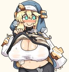 1girls alternate_breast_size androgyne_symbol aqua_eyes blonde_hair blue_eyes blush breasts bridget busty cleavage clothes_lift female female_only guilty_gear huge_breasts looking_aside looking_to_the_side meme meme_attire navel notnoe_(dxcl) rule_63 short_hair simple_background smile solo steam sweat sweaty_body teenager wet wet_clothes white_background