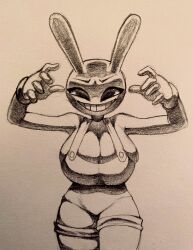 anthro artist_request big_breasts big_thighs black_and_white breasts bunny bunny_ears genderswap genderswap_(mtf) gloves hand_drawn huge_breasts jax_(the_amazing_digital_circus) looking_at_viewer mtf_crossgender overalls overalls_only rule_63 sketch smile smiling tagme the_amazing_digital_circus thick_thighs