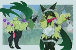 1boy 2023 anal_beads anthro anus balls beads blush bodily_fluids clothed clothing cum ejaculation femboy fiinel fur furry generation_9_pokemon green_body green_fur hi_res knot looking_at_viewer maid maid_uniform male_meowscarada male_only meowscarada narrowed_eyes nintendo penis pokemon pokemon_(species) pokemon_sv red_eyes sex_toy shiny_pokemon solo spread_anus spreading sweat uniform wavy_mouth wide_hips