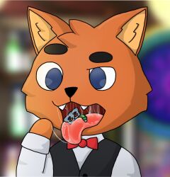 2d bartender_(jazztronauts) blue_eyes cellist_(jazztronauts) feline furry grey_fur jazztronauts mawshot orange_eyes orange_fur saliva saliva_on_tongue saliva_string sleepymoonlight tongue tongue_out vore