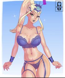 1girls before_sex blonde_hair blue_background blue_bra blue_lingerie blue_lipstick blue_panties crown fake_nails fortnite fortnite:_battle_royale iisfernado looking_at_viewer medium_breasts mizuki_(fortnite) ponytail round_breasts royalty sidelocks tagme wrist_cuffs