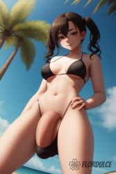 ai_generated barely_contained barely_contained_penis beach bikini flordulce futa_only futanari hand_on_hip idolmaster_cinderella_girls looking_at_viewer outdoors palm_tree penis seductive seductive_look seductive_smile solo_futa standing sunazuka_akira