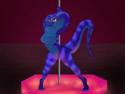 andromeda(wolfbread) anthro breasts claws cobra dancing female genitals non-mammal_breasts nude pole pole_dancing pussy reptile scales scalie smile snake snake_hood solo stripper_pole tail thick_thighs wolfbread