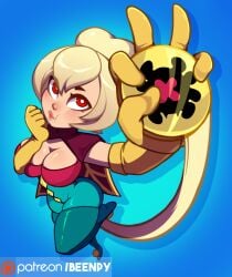 1girls 2d 2d_(artwork) 5_fingers :t above_view arm_up armwear artist_name ass athletic athletic_female beenpy big_breasts blonde_female blonde_hair blue_background brawl_stars breast_squeeze breasts busty charlie_(brawl_stars) cleavage clothed clothing curvy curvy_female digital_media_(artwork) elbow_gloves eye_visible_through_hair eyebrows female female_only fit fit_female fringe full_body fully_clothed gloves hair_between_eyes hair_bun handwear hi_res holding_object large_breasts leg_up light-skinned_female light_skin lips lipstick looking_up pale-skinned_female pale_skin patreon pose posing red_eyes slim_waist smile solo supercell thick_thighs thighs watermark yo-yo