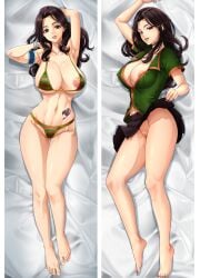 1girls areola_slip bed big_breasts bikini breasts brown_hair cana_alberona dakimakura dakimakura_design exposed_breasts exposed_pussy fairy_tail female female_only kerana_art long_hair nipple_slip nipples no_panties on_back on_side open_clothes open_shirt skirt_lift solo tattoo