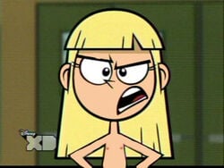 1girls blonde_hair blunt_bangs edit facing_viewer flat_chest frown kendall_perkins kick_buttowski long_hair nude pointy_nose solo upper_body