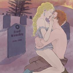 blonde_hair bottomless george_weasley harry_potter kissing luna_lovegood male outdoors red_hair sex tagme tears topless