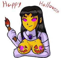 2d alien alien_girl alien_look_like_human blackfire body_paint dc dc_comics female halloween komand'r pointy_chin straight_hair teen_titans text