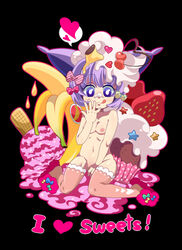 banana beige_skin big_head black_background bow breasts cherry color cream cupcake eeveelution espeon female female_only food footwear fruit fur furry_ears hair hairbow heart humanized ice_cream kemonomimi licking licking_lips looking_at_viewer nintendo nipples open_eyes pointy_ears pokemon pokemon_(species) purple_eyes purple_fur purple_hair short_hair sitting slippers smile solo strawberry tongue waffle