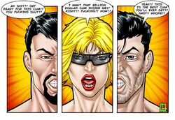 1girls 2boys black_hair blonde_hair blue_eyes brown_eyes bruce_wayne crossover dc dc_comics dirty_talk english_text goatee leandro_comics marvel marvel_comics original_character red_lipstick stubble sunglasses sunglasses_on_face sunny_white text tinted_eyewear tony_stark