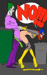 1boy 1girls ambiguous_penetration barbara_gordon batgirl bent_over bottomless breasts dc dc_comics dirtydennis explicitly_stated_nonconsent female forced gloves high_heel_boots high_heels human joker male mask nipples orange_hair pants_down rape red_hair ripped_bodysuit ripped_clothing straight